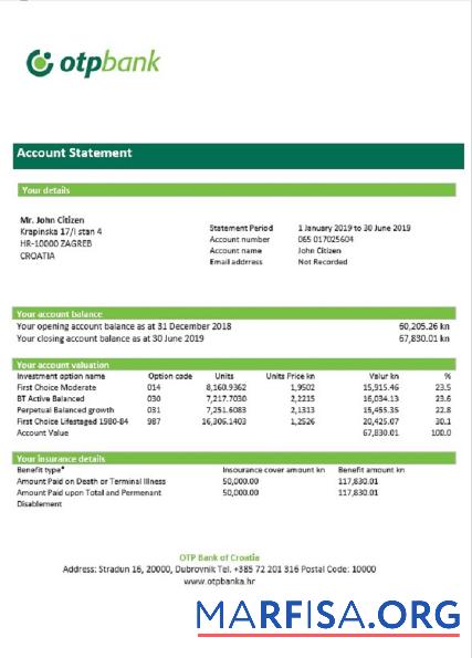 Downloadable Croatia OTP bank statement word download for verification